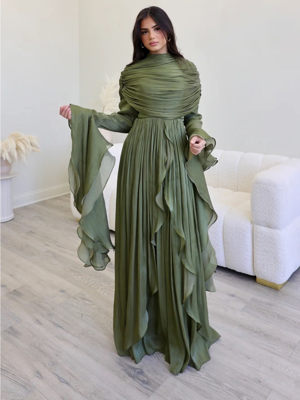 Olive Green Pleated Maxi Dress with ruffle